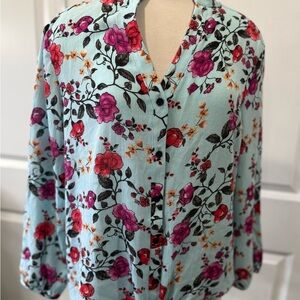 Floral Button-Up Blouse - Aqua and Magenta